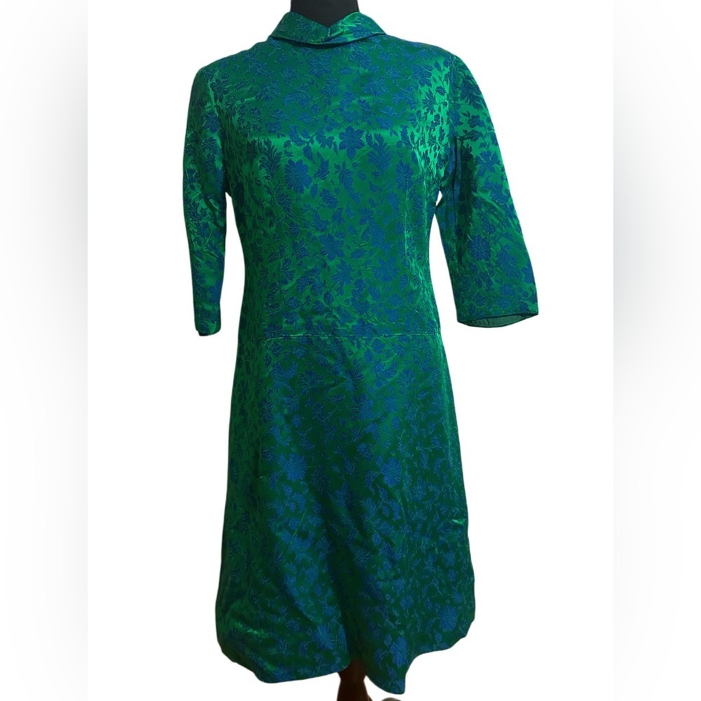 Vintage 50s/60s Green and Blue Floral Brocade Holiday Dress